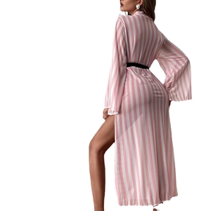 Pink striped long sleepwear robe with high side slit and black waist belt for women