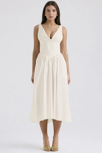 Detailed view of the slim-fit cream white V-neck midi dress with corset-style boning detail