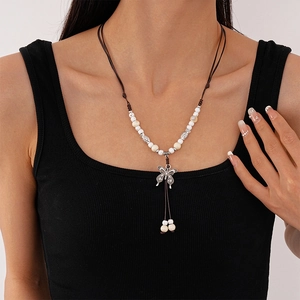 Ethnic ceramic beaded multilayer necklace with silver butterfly pendant for women