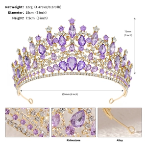 Detailed dimensions and weight of purple rhinestone bridal crown with gold alloy base