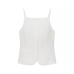 White minimalist button-up camisole with thin straps and decorative pockets for summer