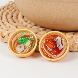 Miniature food keychains featuring two realistic bowls of noodles with golden rims