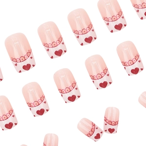 Pink press-on nails with red hearts and lace patterns, classic square shape, 24 pieces set