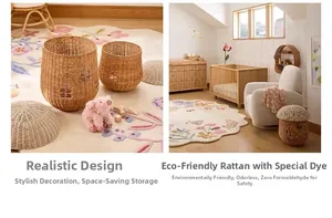Detailed macro view of mushroom-shaped rattan storage baskets in a cozy nursery room