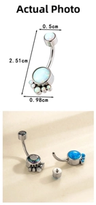 Detailed view of G23 titanium belly ring featuring white opal clusters and dimensions