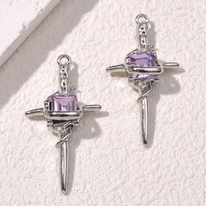 Violet square zircon silver cross daggers pendants for DIY jewelry making