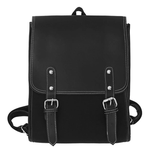Minimalist black PU leather backpack with vintage buckle design and white stitching details