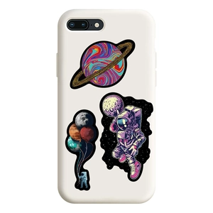 Detailed view of white iPhone case featuring space astronaut graphics and planet illustrations
