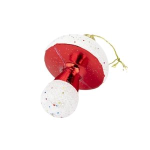 Sparkly mushroom Christmas tree ornament with red metallic stem and gold hanging cord