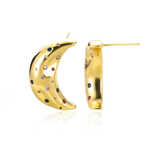 Detail showing gold crescent moon stud earrings with colorful zircon stones inlay
