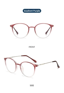 Detailed front and side views of round anti-blue light glasses in gradient purple