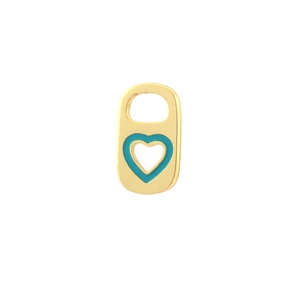 Close-up of heart-shaped charm with green enamel on 18K gold-plated metal base