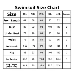 Size guide for plus size floral swimsuit showing measurements from 0XL up to 4XL in cm