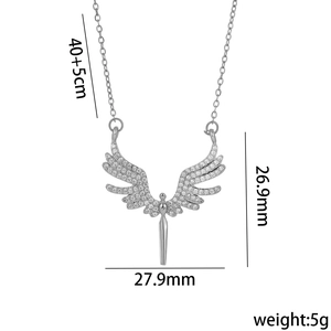 Silver angel wings necklace with colorful micro-inlaid stones and product dimensions