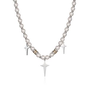 Hip Hop Splicing Artificial Pearl Cross Necklace Titanium Steel Star Pendants Rhinestone Jewelry Streetwear For Men Women