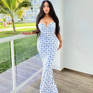 Elegant blue floral summer maxi dress with spaghetti straps and a slim fit design