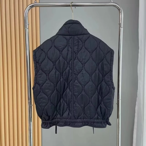 Back view of black quilted vest with gourd pattern stitching and stand collar design