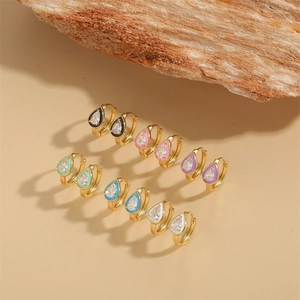 Chic gold hoop earrings with multi-color enamel teardrop charms and sparkling zircon