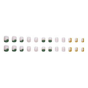 Cute press-on nails set with green curves, star patterns and yellow geometric blocks