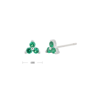 Macro detail showing 4mm cluster stud earrings with three green zircon gems in S925 silver