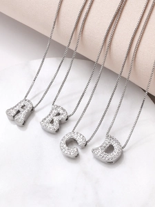 Silver letter pendants A B C D with cubic zirconia on a box chain for women