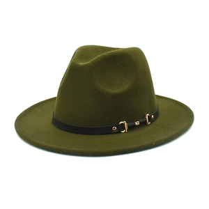 Detail of dark green wool felt fedora featuring black belt band and gold metal buckle