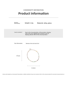 Size chart for colorful glass beaded necklace showing length specifications and material details