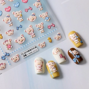 Cartoon Bear 3D Relief Nail Art Stickers Matte Thin Self Adhesive Cute Bow Heart DIY Manicure Decals For Women Girls
