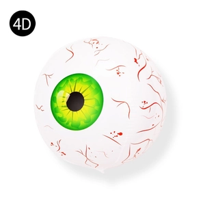 Detail of 4D Halloween eyeball balloon with realistic red veins and green iris on white foil