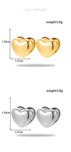 Detail view of heart-shaped titanium steel earrings in gold and silver with dimensions
