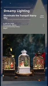 Macro shot of lighted Christmas snow globe lanterns with Santa and reindeer figurines