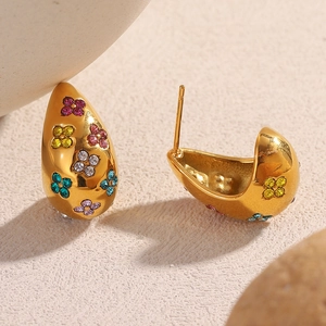 18K gold plated hollow flower stud earrings with colorful zircons in drop shape
