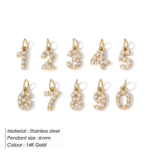 14K gold stainless steel 0-9 number pendants with zircon inlay, 8mm size jewelry charms