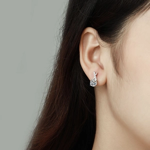 Close-up of D color moissanite stud earring in 925 sterling silver on model's ear