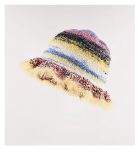 Detailed knit texture and faux fur trim on a colorful oil painting style bucket hat