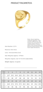 Size guide for S925 silver sunflower relief signet ring with detailed diameter measurements