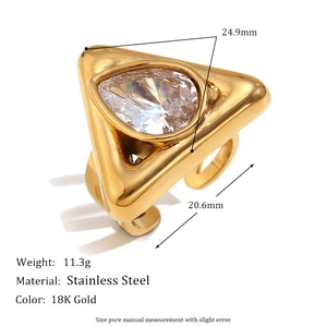 18K gold plated stainless steel triangle open ring with teardrop zircon stone details
