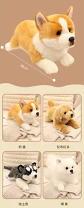 Detailed view of 40cm plush dog toys showing Corgi, Husky and Pomeranian styles
