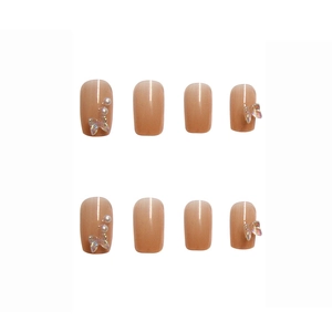 Cat eye press-on nails with 3D butterflies and pearls on a nude pink square oval base