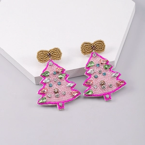 Pink handmade beaded Christmas tree earrings with gold bows and green sparkling rhinestones