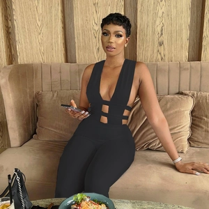 Combinaison Sexy Femmes Avec Col En V Profond Et Découpes Moulante Sans Manches Taille Haute Couleur Unie Pantalon Long