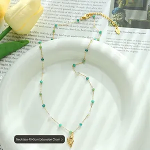 Chic tulip pendant necklace with green crystal beads and gold plated chain for women