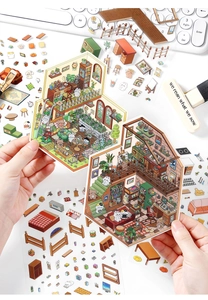 DIY scrapbook PET stickers set featuring cute home interior illustrations and plant scenes