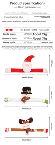 Detailed size chart for Christmas cartoon tiebacks featuring Santa, Snowman and Reindeer