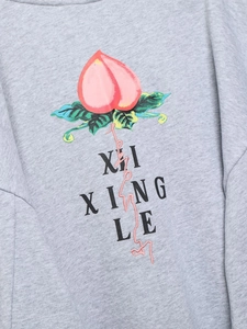 Détail du tissu gris du sweat-shirt avec broderie de pêche rose et texte XI XING LE
