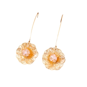 Boucles d'oreilles fleur plaqué or 18K avec pierre rose et longs fils crochets