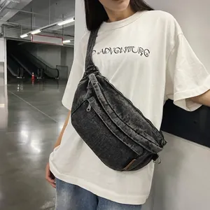 Retro washed dark grey denim crossbody chest bag with adjustable strap for daily commute