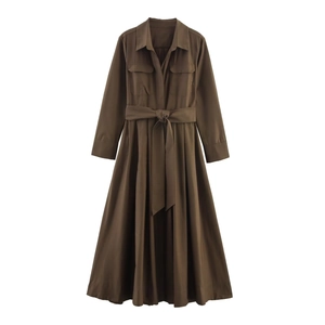 Brown poplin shirt dress with long sleeves, waist tie belt and front chest pockets