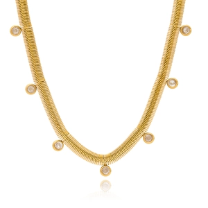 18K gold plated stainless steel snake chain necklace with zircon gemstones on white background