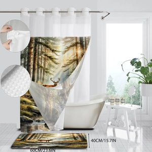 Detail of waffle weave fabric texture and deer forest print with matching bathroom mat